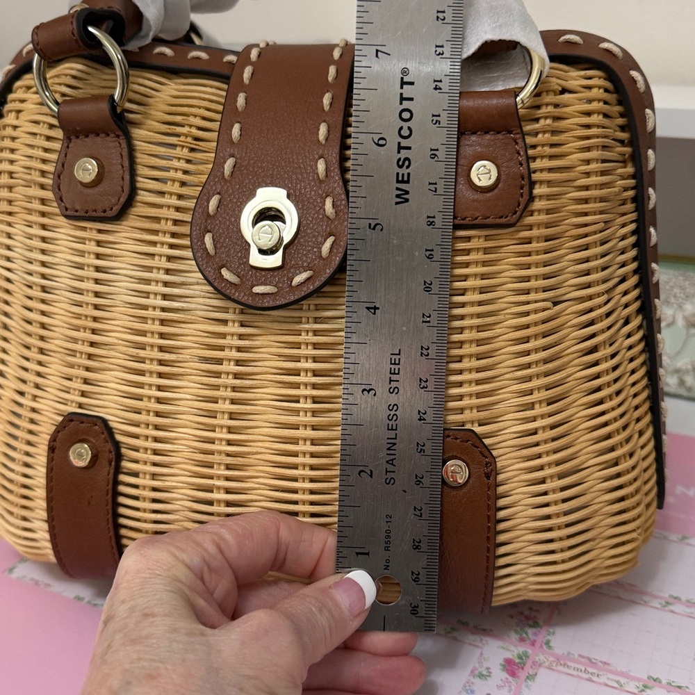 Etienne Aigner Woven Rattan Satchel Handbag in Tan and Brown - Picture 10 of 16
